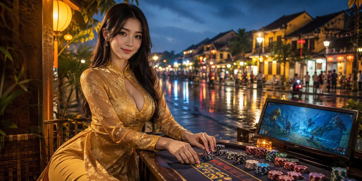 Người phụ nữ mặc áo dài tại Hội An theo dõi cược esports và tích điểm thưởng trên màn hình