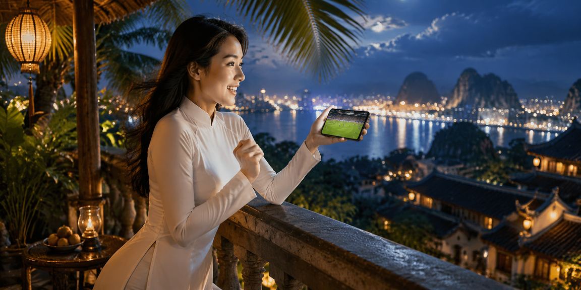 Người phụ nữ mặc áo dài tại Ninh Bình dùng điện thoại xem kèo thể thao trực tuyến buổi chiều